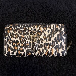 Tory Burch Ocelot Leopard Print Leather Zip Around Gold Logo Wristlet Wallet